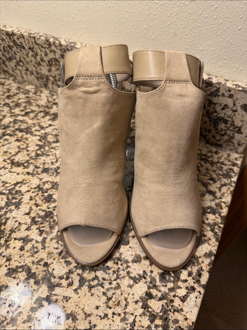 Indigo Beige Suede Open-Toe Heels with Ankle Strap
